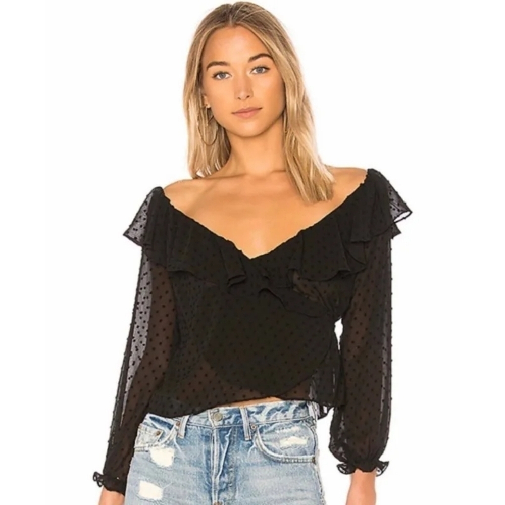 Majorelle Revolve Black Swiss Dot Wrap Blouse Size XS